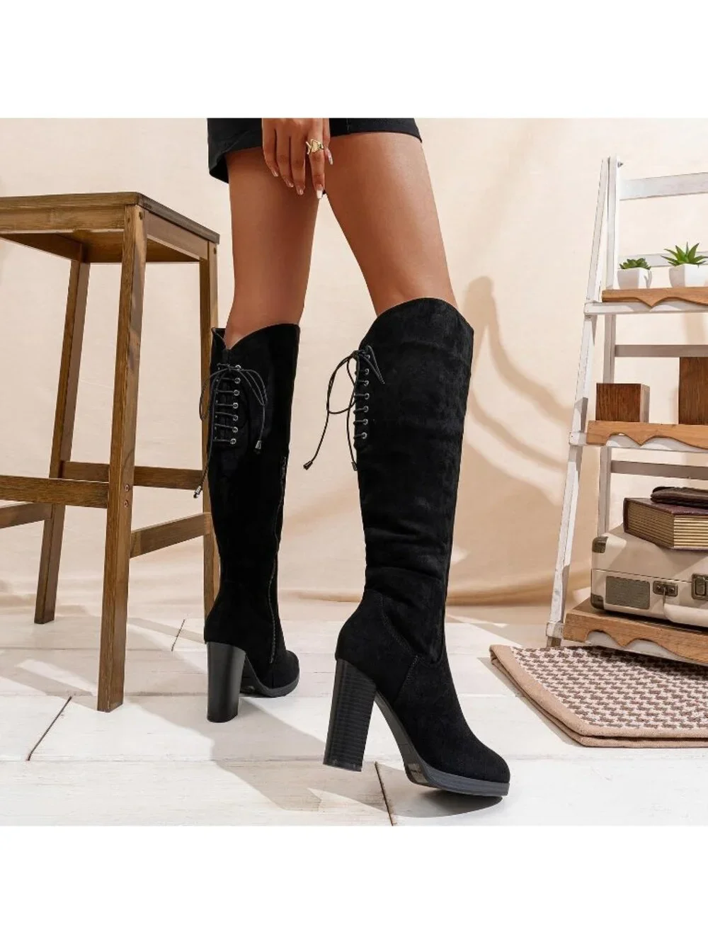 Women Black Suede Block Heel Round Toe Faux Suede Over The Knee Thigh High Boots
